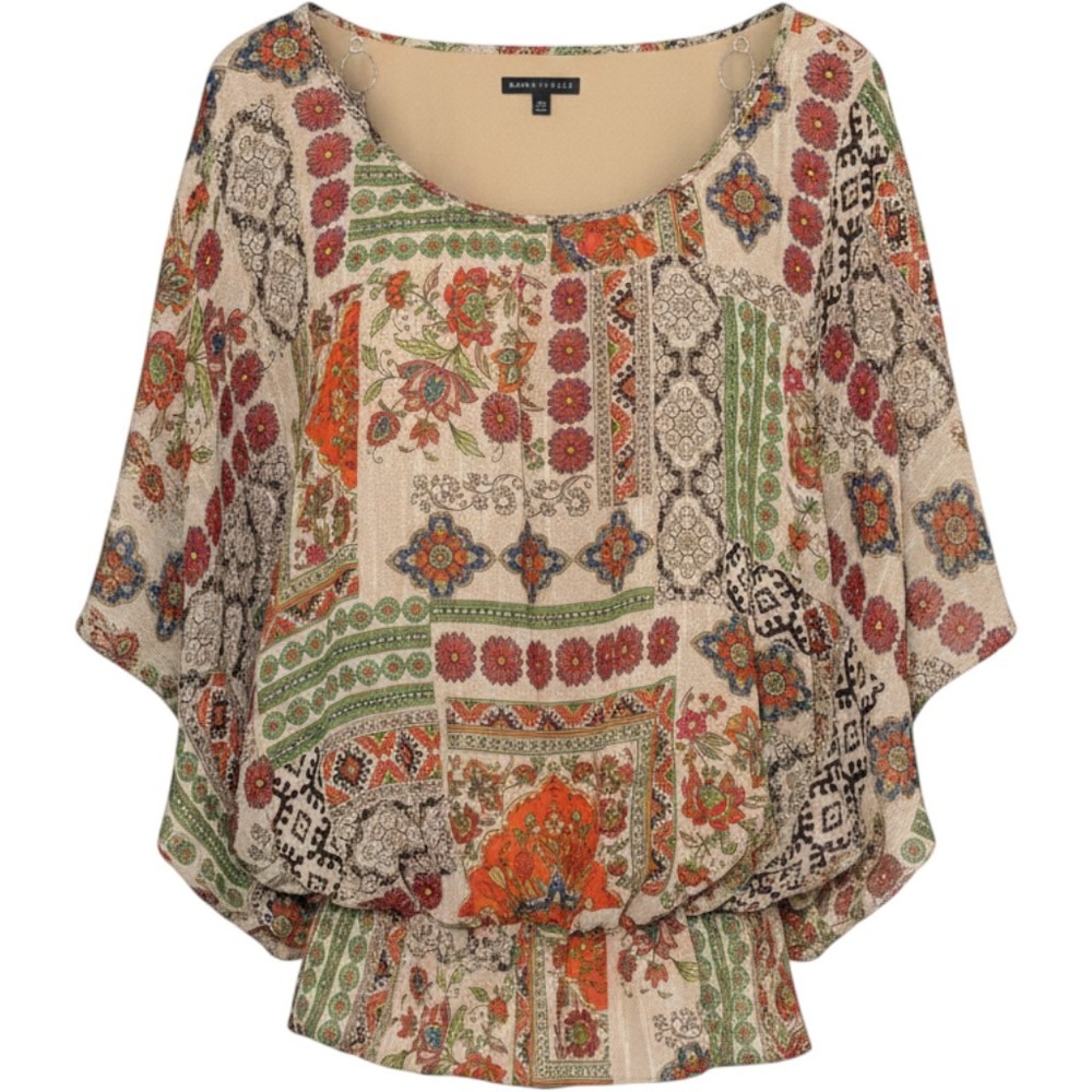 Sara Michelle Women 3X Boho Patchwork Floral Bubble Hem Dolman Sleeve Blouse